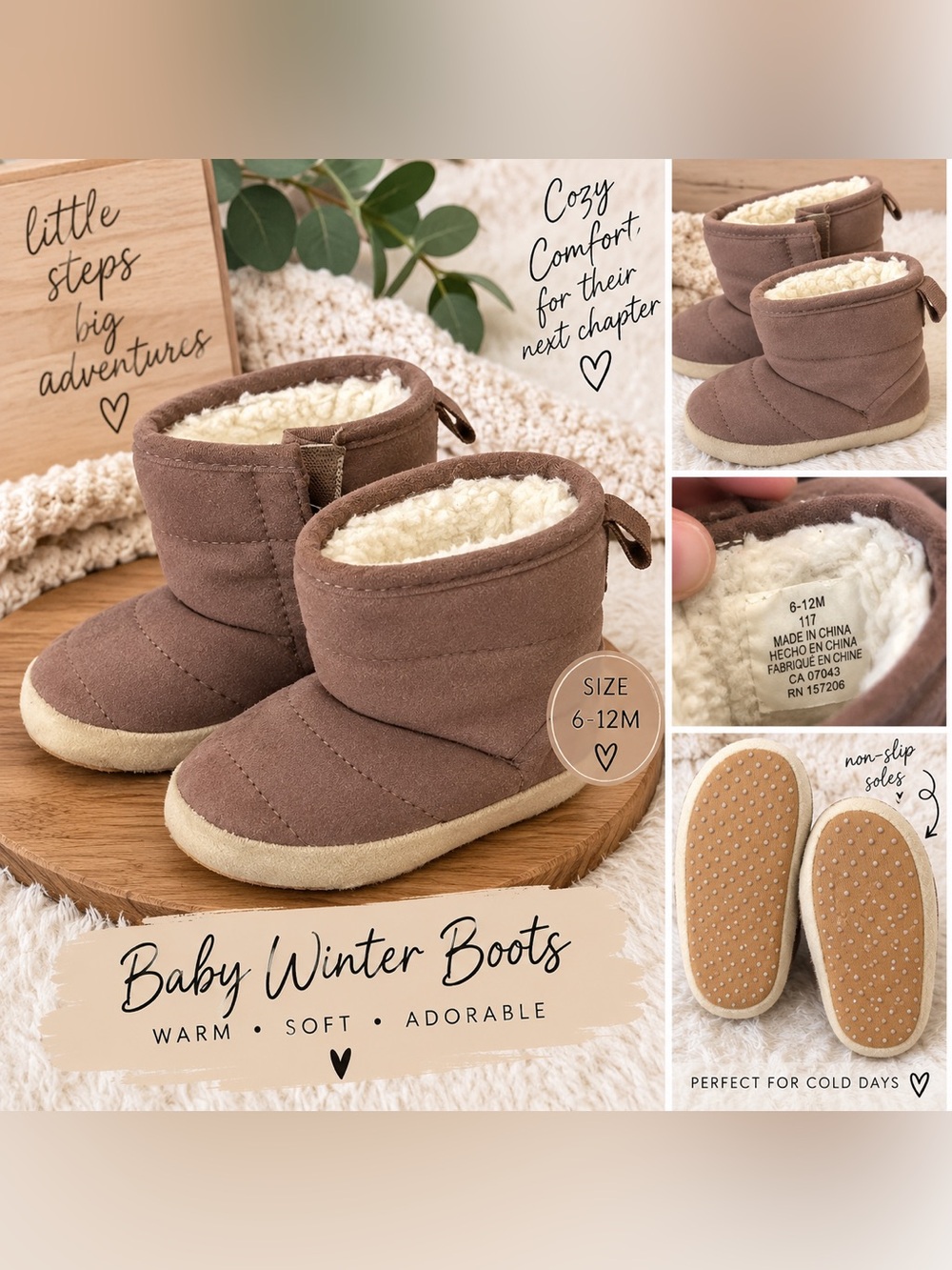 Baby Sherpa Lined Winter Boots 6–12M Brown/Taupe Cozy Soft Booties